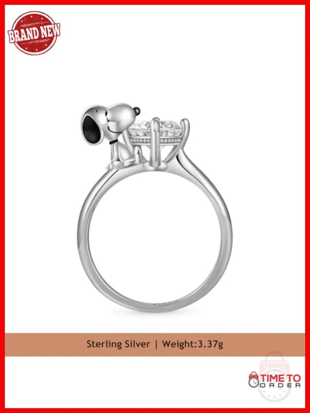 925 Sterling Silver Snoopy Hug Diamond Ring Statement Jewelry